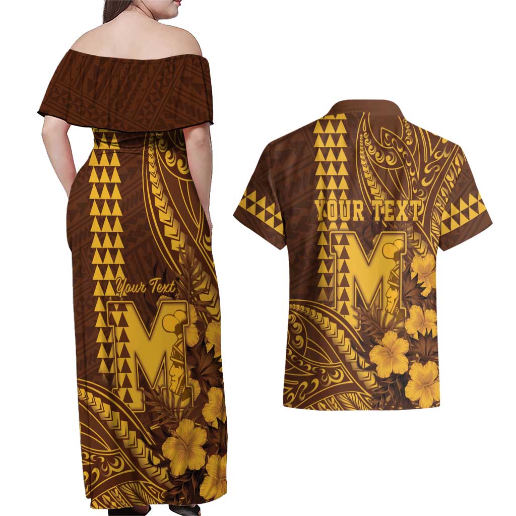 Personalised Hawaii Mililani High School Couples Matching Off Shoulder Maxi Dress and Hawaiian Shirt Tribal Tattoo With Hibiscus Flowers LT05 - Polynesian Pride