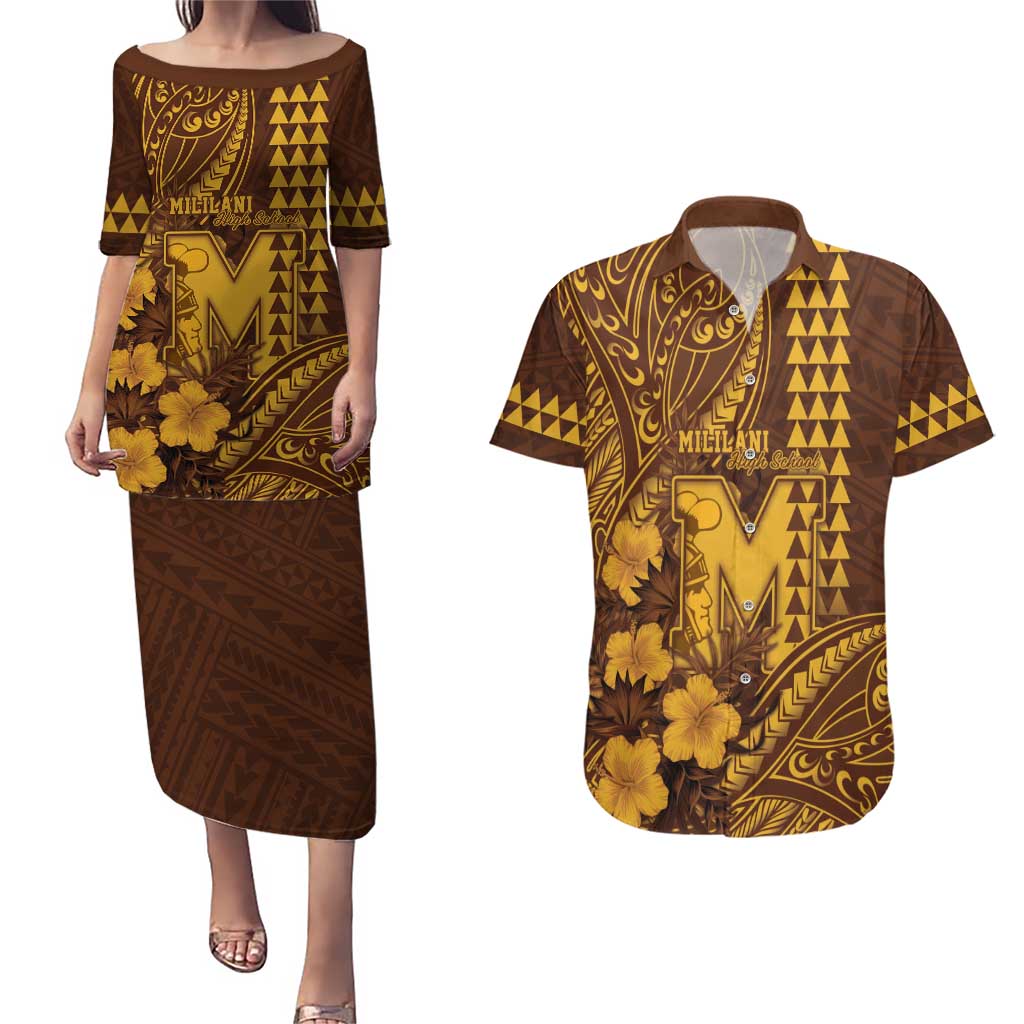 Personalised Hawaii Mililani High School Couples Matching Puletasi and Hawaiian Shirt Tribal Tattoo With Hibiscus Flowers