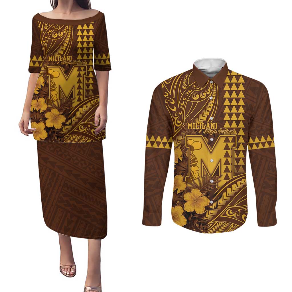 Personalised Hawaii Mililani High School Couples Matching Puletasi and Long Sleeve Button Shirt Tribal Tattoo With Hibiscus Flowers LT05 Brown - Polynesian Pride