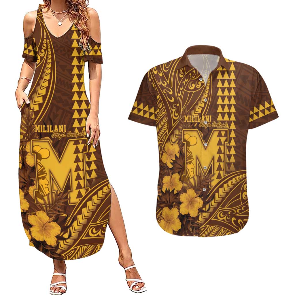 Personalised Hawaii Mililani High School Couples Matching Summer Maxi Dress and Hawaiian Shirt Tribal Tattoo With Hibiscus Flowers LT05 Brown - Polynesian Pride