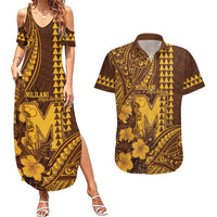 Personalised Hawaii Mililani High School Couples Matching Summer Maxi Dress and Hawaiian Shirt Tribal Tattoo With Hibiscus Flowers LT05 Brown - Polynesian Pride