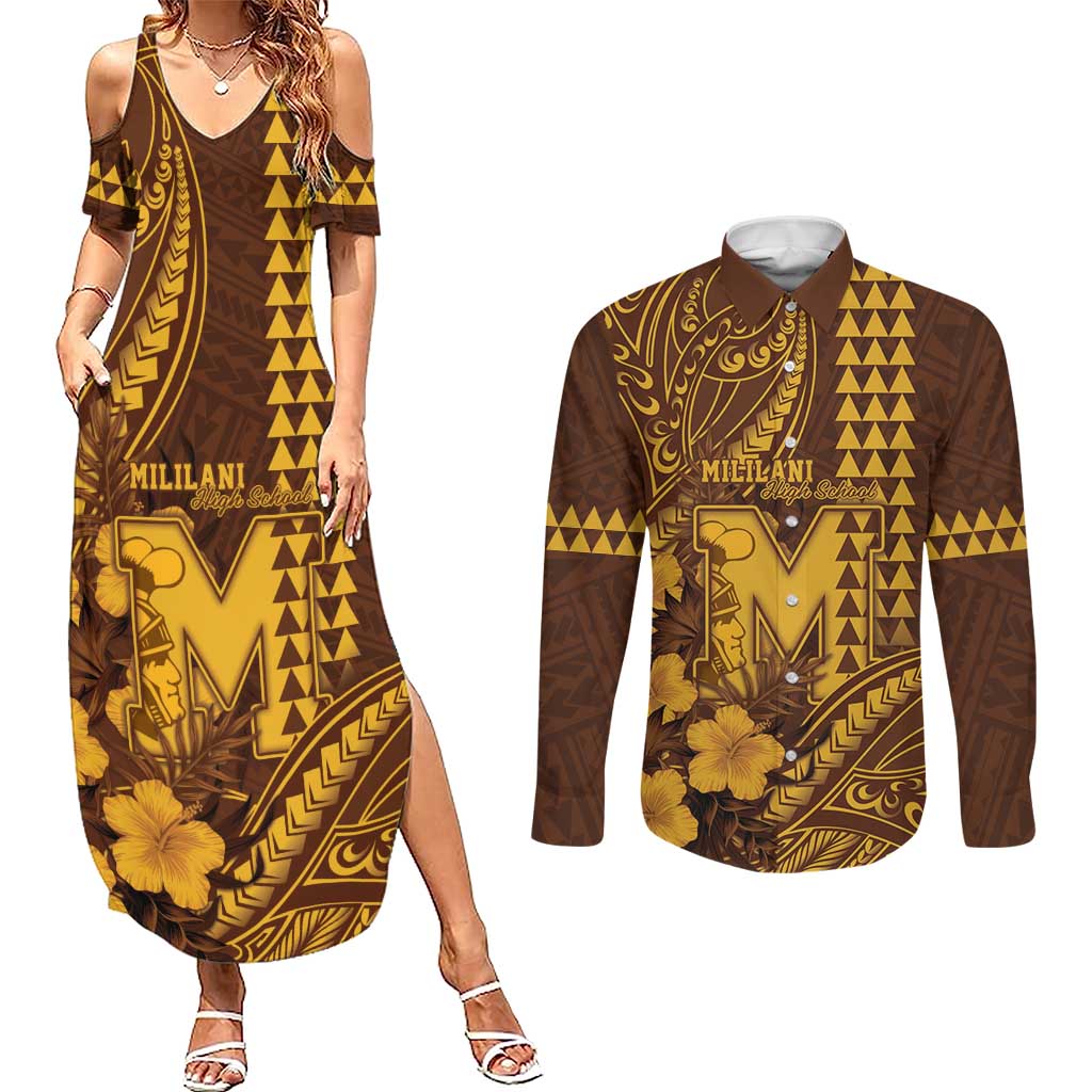 Personalised Hawaii Mililani High School Couples Matching Summer Maxi Dress and Long Sleeve Button Shirt Tribal Tattoo With Hibiscus Flowers LT05 Brown - Polynesian Pride