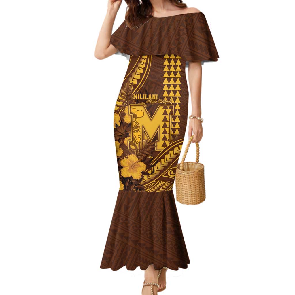 Personalised Hawaii Mililani High School Family Matching Mermaid Dress and Hawaiian Shirt Tribal Tattoo With Hibiscus Flowers LT05 Mom's Dress Brown - Polynesian Pride