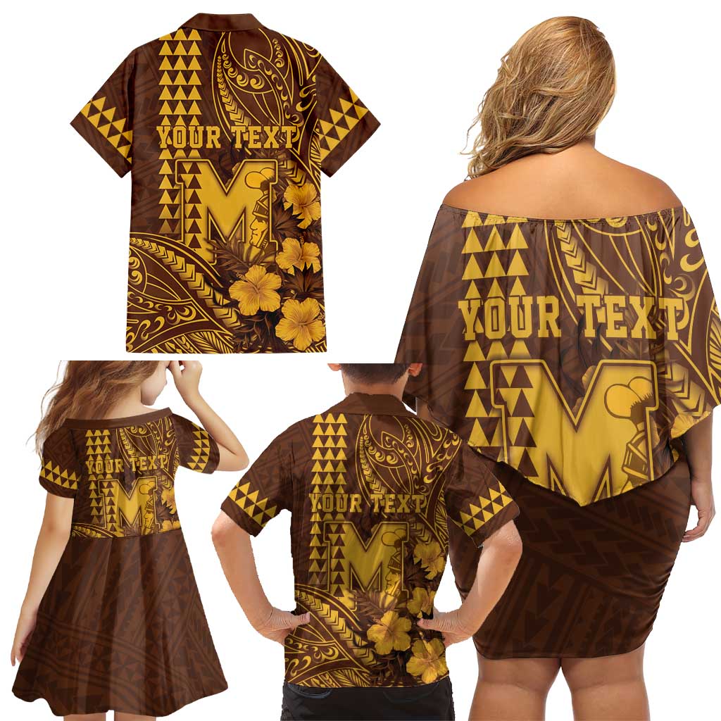 Personalised Hawaii Mililani High School Family Matching Off Shoulder Short Dress and Hawaiian Shirt Tribal Tattoo With Hibiscus Flowers LT05 - Polynesian Pride