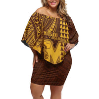 Personalised Hawaii Mililani High School Family Matching Off Shoulder Short Dress and Hawaiian Shirt Tribal Tattoo With Hibiscus Flowers LT05 Mom's Dress Brown - Polynesian Pride