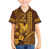 Personalised Hawaii Mililani High School Family Matching Off Shoulder Short Dress and Hawaiian Shirt Tribal Tattoo With Hibiscus Flowers LT05 Son's Shirt Brown - Polynesian Pride