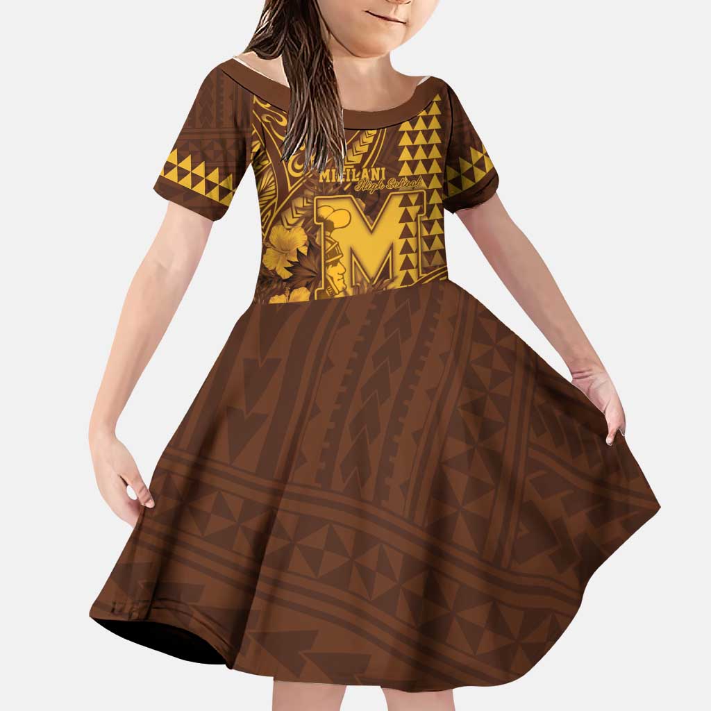 Personalised Hawaii Mililani High School Family Matching Puletasi and Hawaiian Shirt Tribal Tattoo With Hibiscus Flowers LT05 Daughter's Dress Brown - Polynesian Pride