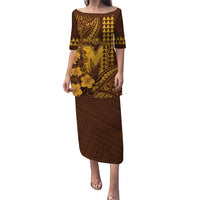 Personalised Hawaii Mililani High School Family Matching Puletasi and Hawaiian Shirt Tribal Tattoo With Hibiscus Flowers LT05 Mom's Dress Brown - Polynesian Pride