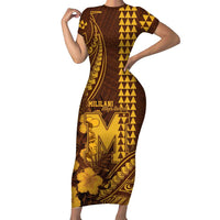 Personalised Hawaii Mililani High School Family Matching Short Sleeve Bodycon Dress and Hawaiian Shirt Tribal Tattoo With Hibiscus Flowers LT05 Mom's Dress Brown - Polynesian Pride