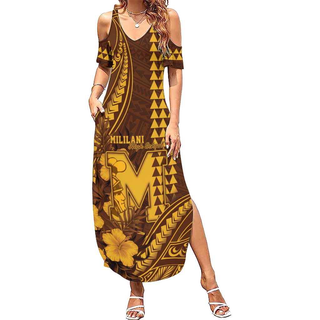 Personalised Hawaii Mililani High School Family Matching Summer Maxi Dress and Hawaiian Shirt Tribal Tattoo With Hibiscus Flowers LT05 Mom's Dress Brown - Polynesian Pride