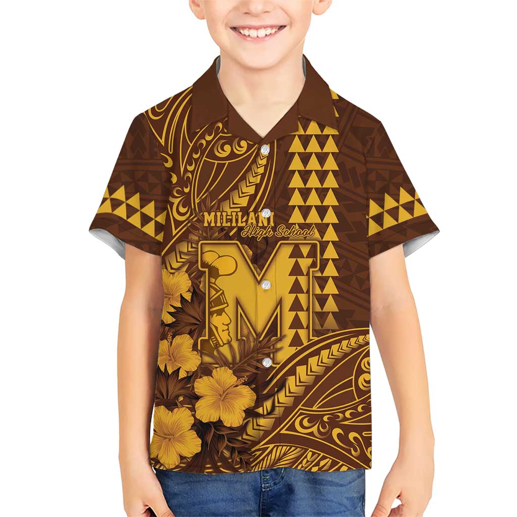 Personalised Hawaii Mililani High School Family Matching Summer Maxi Dress and Hawaiian Shirt Tribal Tattoo With Hibiscus Flowers LT05 Son's Shirt Brown - Polynesian Pride
