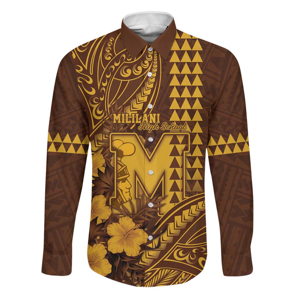 Personalised Hawaii Mililani High School Family Matching Tank Maxi Dress and Hawaiian Shirt Tribal Tattoo With Hibiscus Flowers LT05 Dad's Shirt - Long Sleeve Brown - Polynesian Pride