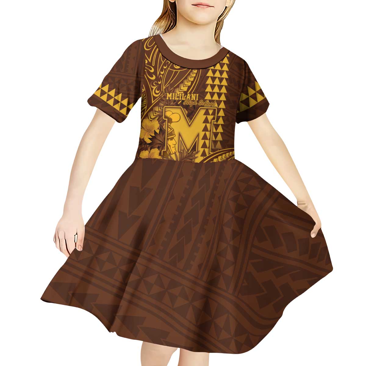 Personalised Hawaii Mililani High School Kid Short Sleeve Dress Tribal Tattoo With Hibiscus Flowers LT05 - Polynesian Pride