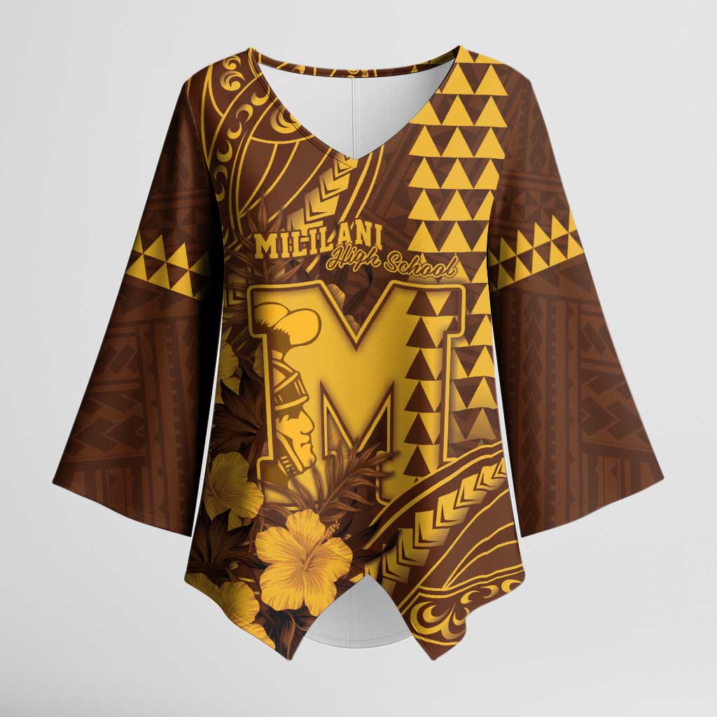 Personalised Hawaii Mililani High School Kimono Sleeve Blouse Tribal Tattoo With Hibiscus Flowers LT05 Female Brown - Polynesian Pride