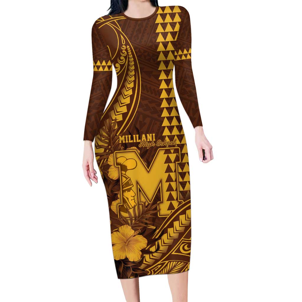 Personalised Hawaii Mililani High School Long Sleeve Bodycon Dress Tribal Tattoo With Hibiscus Flowers LT05 Long Dress Brown - Polynesian Pride