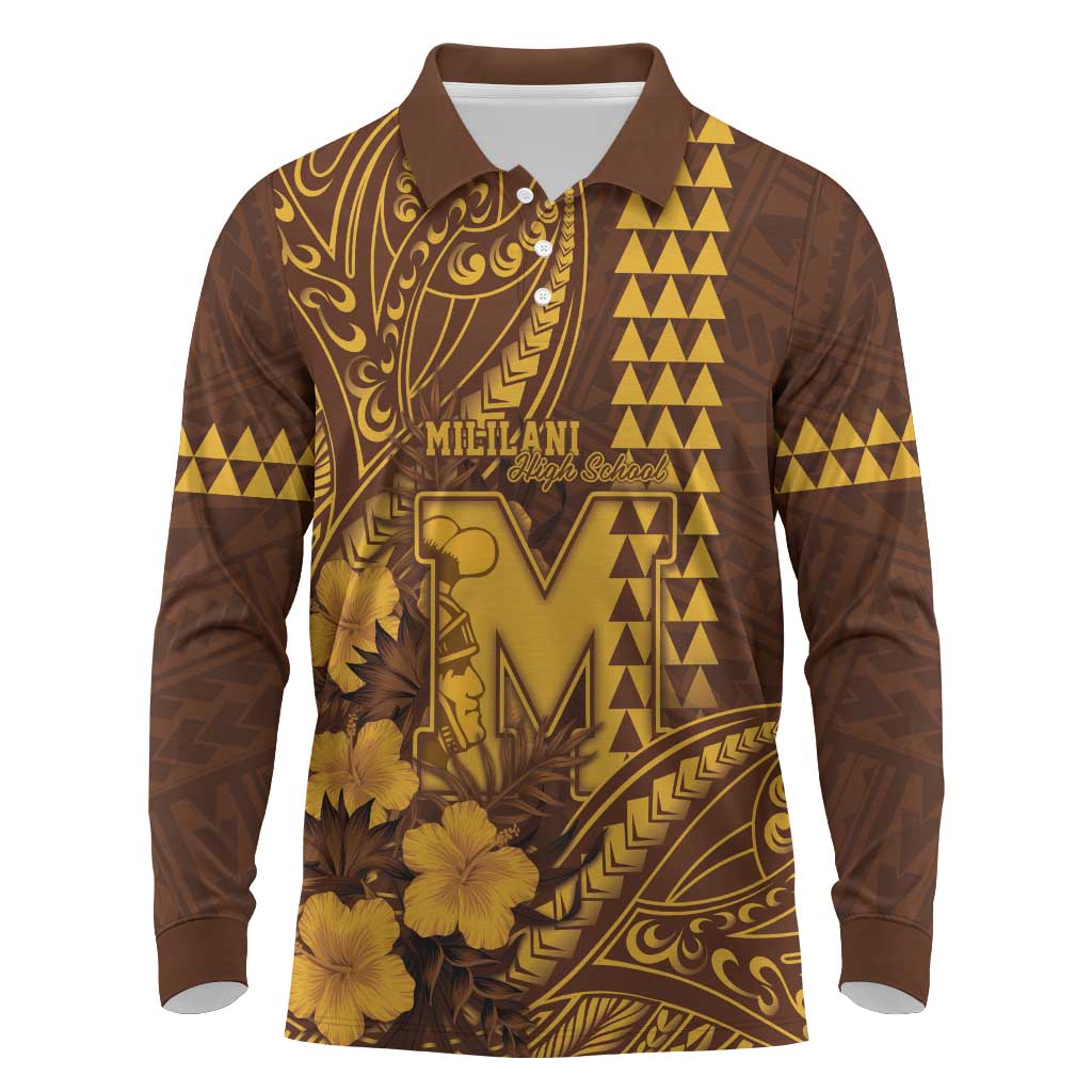 Personalised Hawaii Mililani High School Long Sleeve Polo Shirt Tribal Tattoo With Hibiscus Flowers LT05 Brown - Polynesian Pride