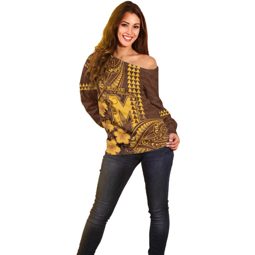Personalised Hawaii Mililani High School Off Shoulder Sweater Tribal Tattoo With Hibiscus Flowers