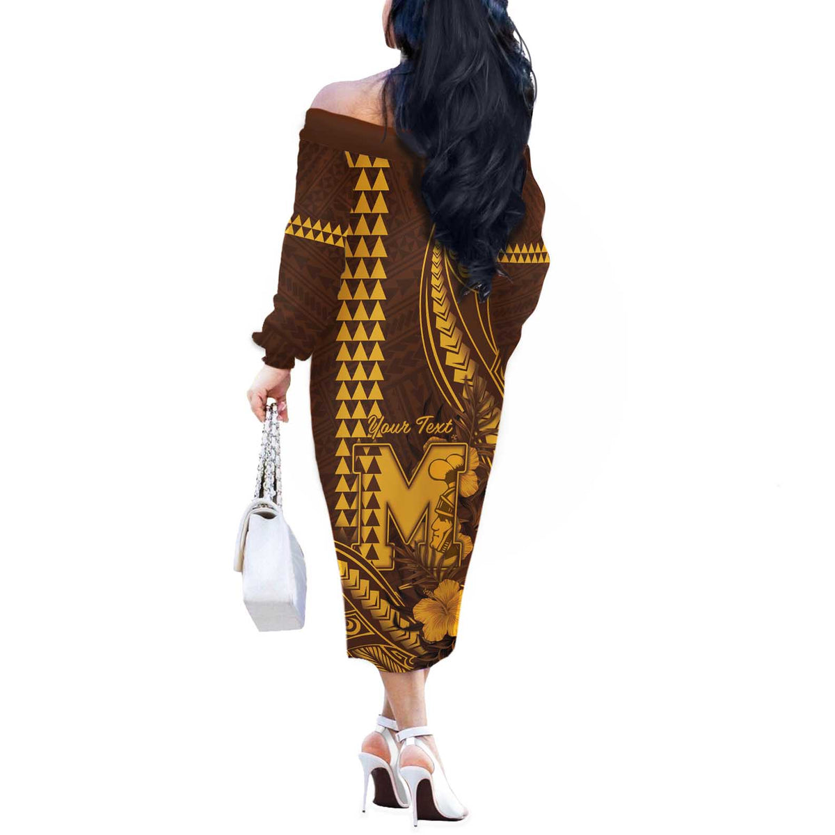Personalised Hawaii Mililani High School Off The Shoulder Long Sleeve Dress Tribal Tattoo With Hibiscus Flowers LT05 - Polynesian Pride