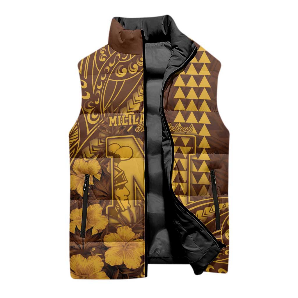 Personalised Hawaii Mililani High School Sleeveless Puffer Jacket Tribal Tattoo With Hibiscus Flowers