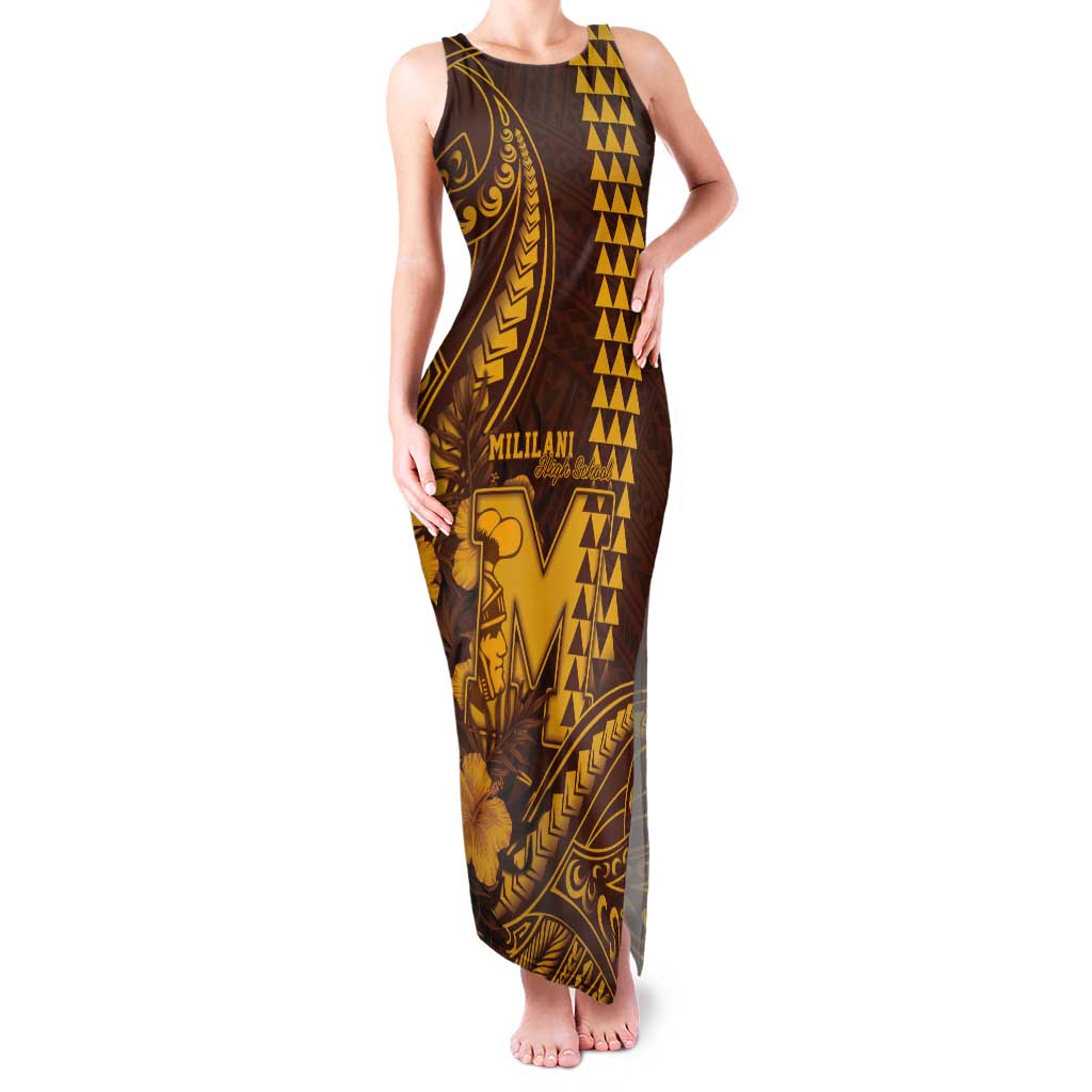 Personalised Hawaii Mililani High School Tank Maxi Dress Tribal Tattoo With Hibiscus Flowers LT05 Women Brown - Polynesian Pride