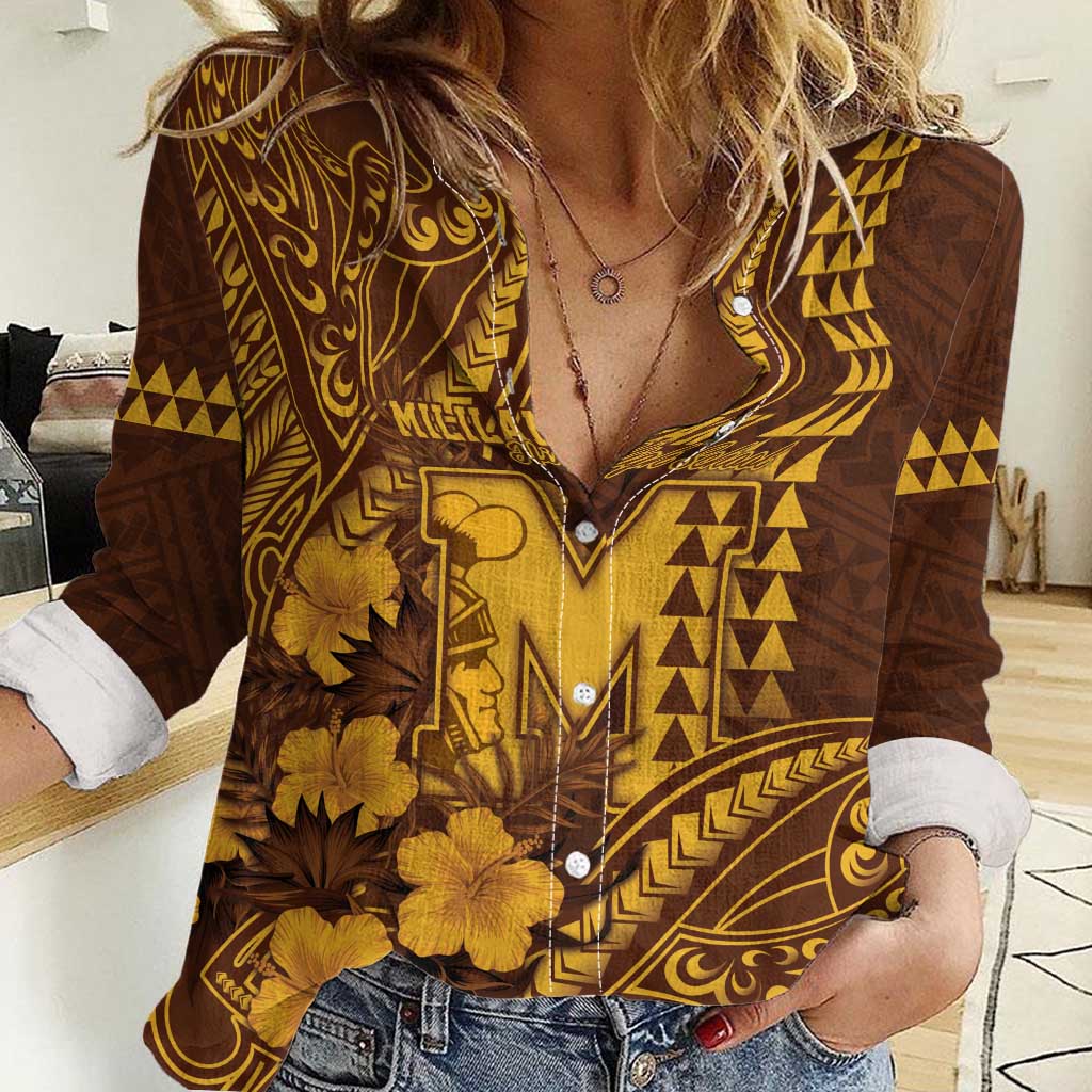 Personalised Hawaii Mililani High School Women Casual Shirt Tribal Tattoo With Hibiscus Flowers LT05 Female Brown - Polynesian Pride