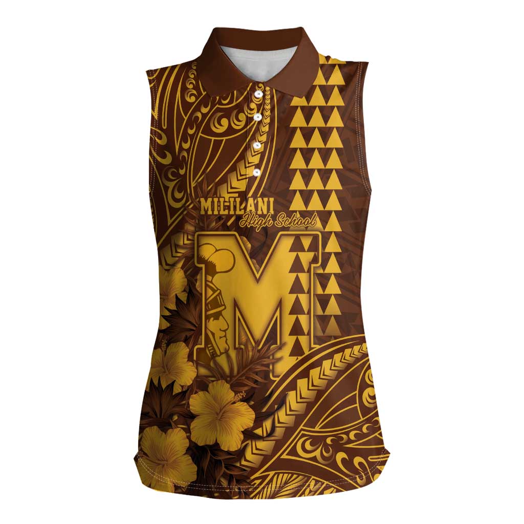 Personalised Hawaii Mililani High School Women Sleeveless Polo Shirt Tribal Tattoo With Hibiscus Flowers LT05 Female Brown - Polynesian Pride