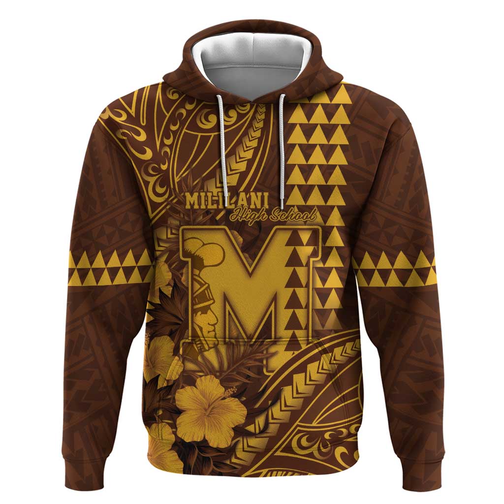 Personalised Hawaii Mililani High School Zip Hoodie Tribal Tattoo With Hibiscus Flowers LT05 Pullover Hoodie Brown - Polynesian Pride