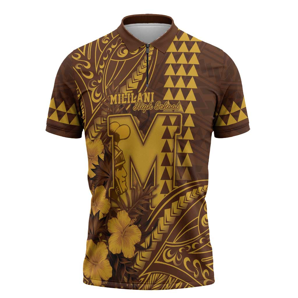 Personalised Hawaii Mililani High School Zipper Polo Shirt Tribal Tattoo With Hibiscus Flowers LT05 Brown - Polynesian Pride