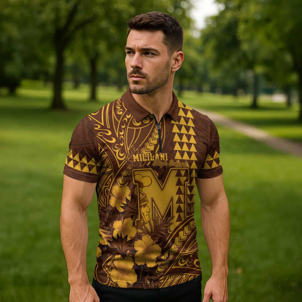 Personalised Hawaii Mililani High School Zipper Polo Shirt Tribal Tattoo With Hibiscus Flowers LT05 - Polynesian Pride
