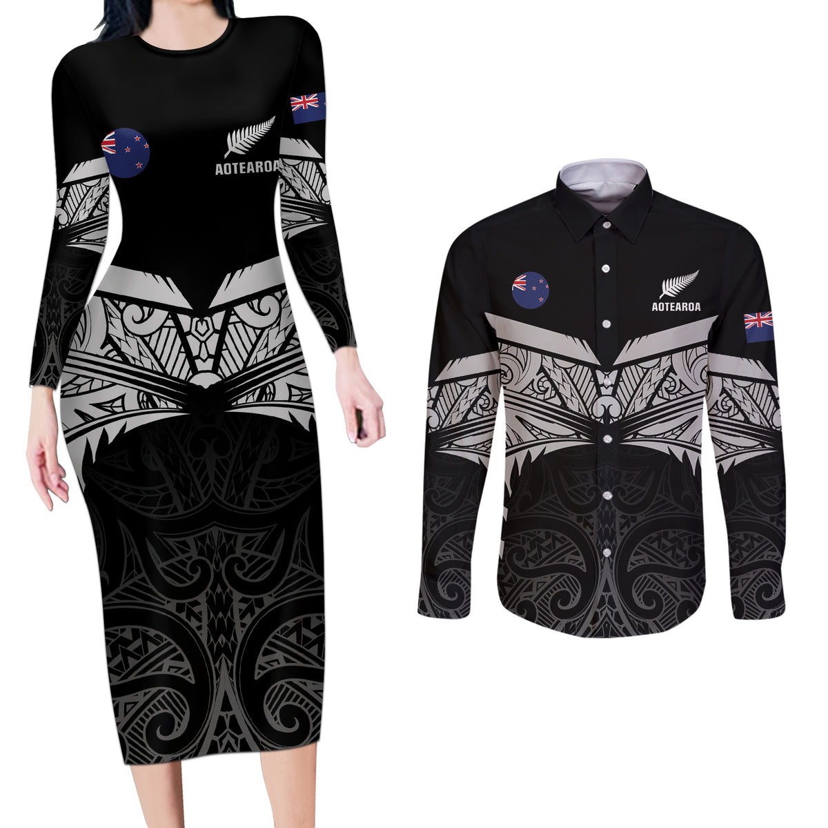 Custom New Zealand Cricket Couples Matching Long Sleeve Bodycon Dress and Long Sleeve Button Shirt Go Champions World Cup 2024 With Maori Pattern LT05 Black - Polynesian Pride