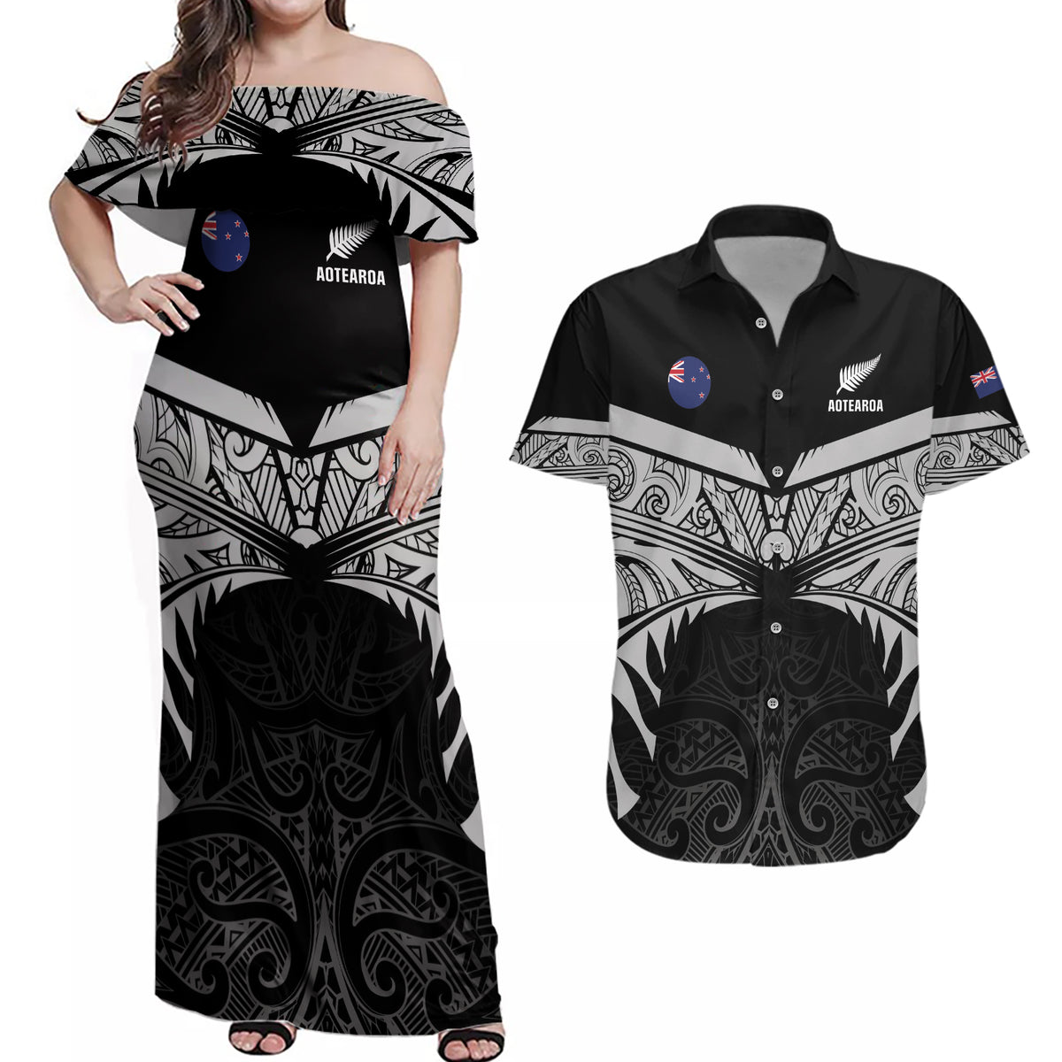Custom New Zealand Cricket Couples Matching Off Shoulder Maxi Dress and Hawaiian Shirt Go Champions World Cup 2024 With Maori Pattern LT05 Black - Polynesian Pride