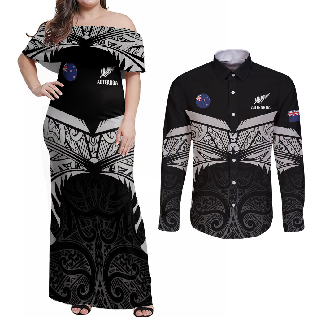 Custom New Zealand Cricket Couples Matching Off Shoulder Maxi Dress and Long Sleeve Button Shirt Go Champions World Cup 2024 With Maori Pattern LT05 Black - Polynesian Pride