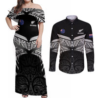 Custom New Zealand Cricket Couples Matching Off Shoulder Maxi Dress and Long Sleeve Button Shirt Go Champions World Cup 2024 With Maori Pattern LT05 Black - Polynesian Pride