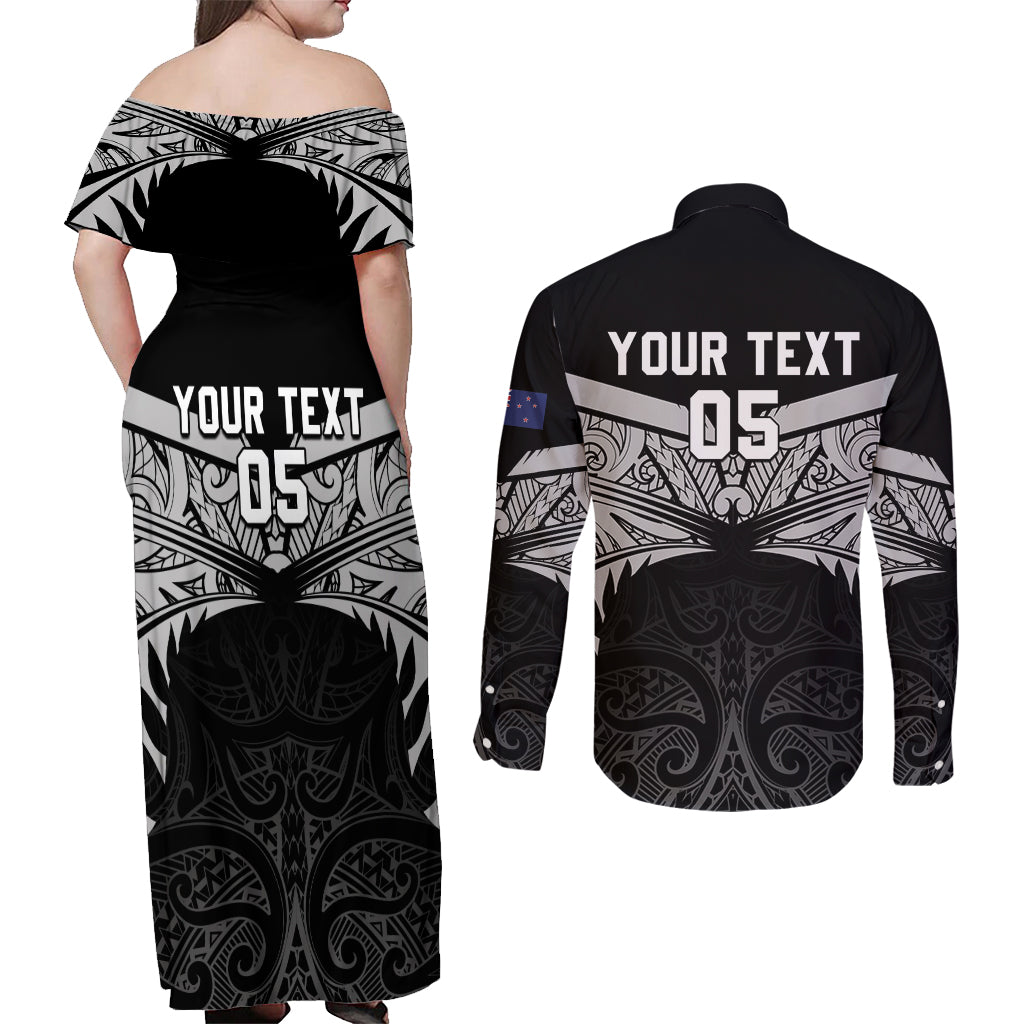 Custom New Zealand Cricket Couples Matching Off Shoulder Maxi Dress and Long Sleeve Button Shirt Go Champions World Cup 2024 With Maori Pattern LT05 - Polynesian Pride