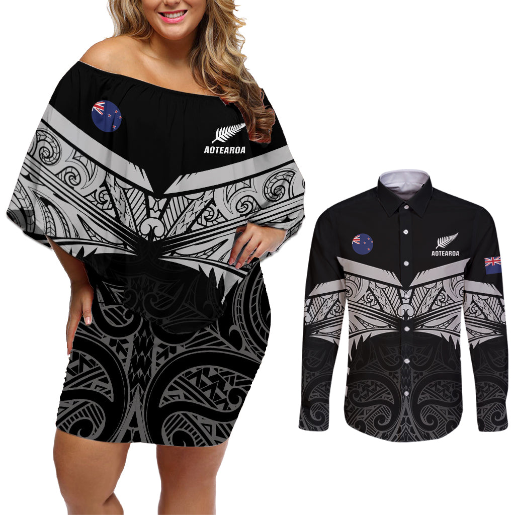 Custom New Zealand Cricket Couples Matching Off Shoulder Short Dress and Long Sleeve Button Shirt Go Champions World Cup 2024 With Maori Pattern LT05 Black - Polynesian Pride