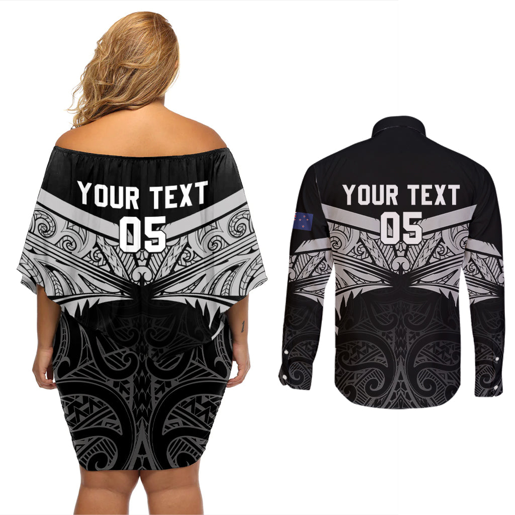 Custom New Zealand Cricket Couples Matching Off Shoulder Short Dress and Long Sleeve Button Shirt Go Champions World Cup 2024 With Maori Pattern LT05 - Polynesian Pride