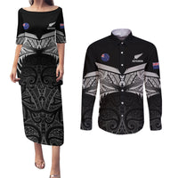 Custom New Zealand Cricket Couples Matching Puletasi and Long Sleeve Button Shirt Go Champions World Cup 2024 With Maori Pattern LT05 Black - Polynesian Pride