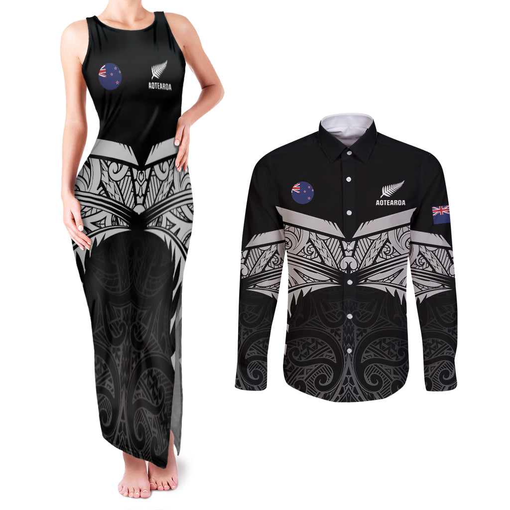 Custom New Zealand Cricket Couples Matching Tank Maxi Dress and Long Sleeve Button Shirt Go Champions World Cup 2024 With Maori Pattern LT05 Black - Polynesian Pride