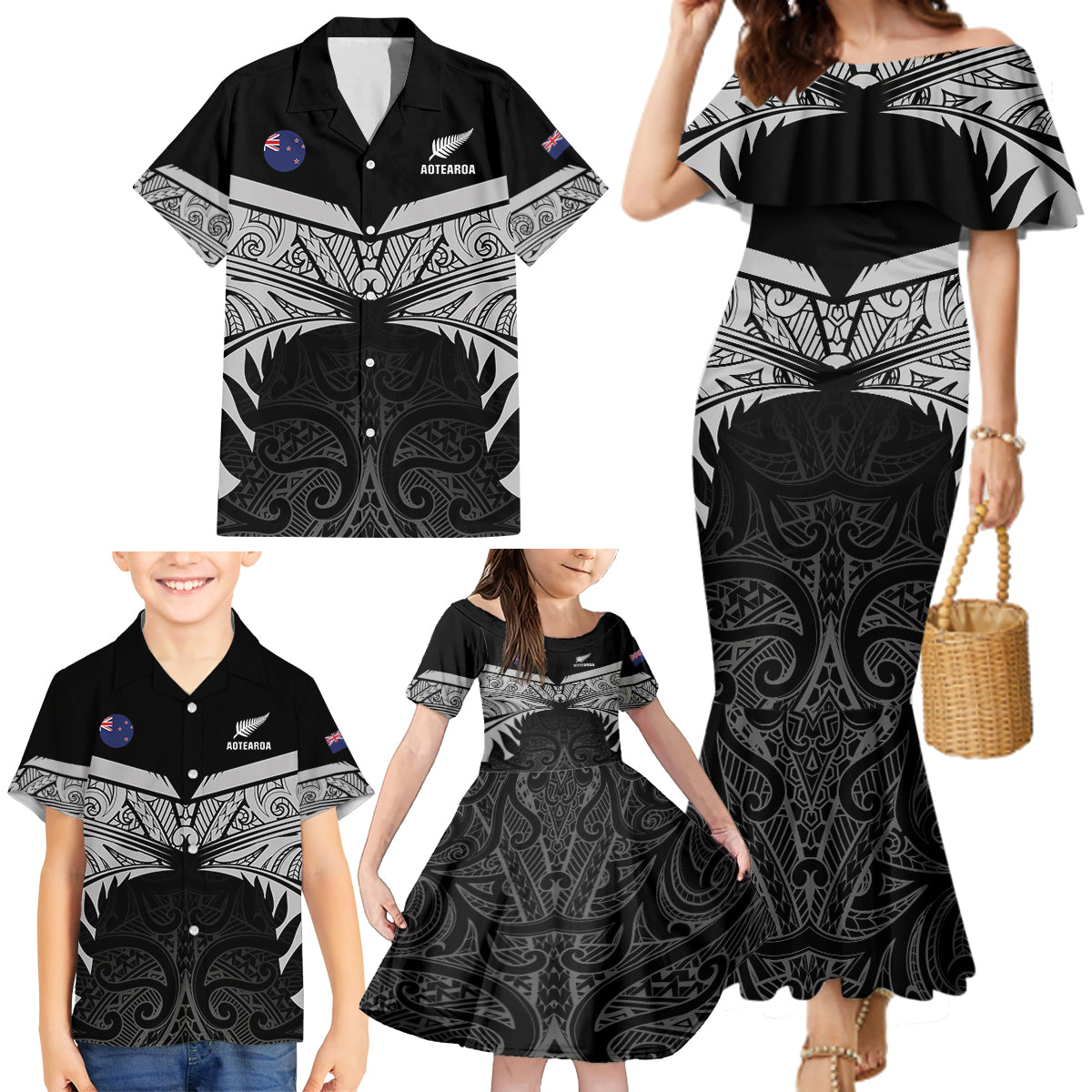 Custom New Zealand Cricket Family Matching Mermaid Dress and Hawaiian Shirt Go Champions World Cup 2024 With Maori Pattern LT05 - Polynesian Pride