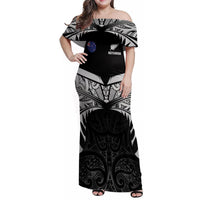Custom New Zealand Cricket Family Matching Off Shoulder Maxi Dress and Hawaiian Shirt Go Champions World Cup 2024 With Maori Pattern LT05 Mom's Dress Black - Polynesian Pride
