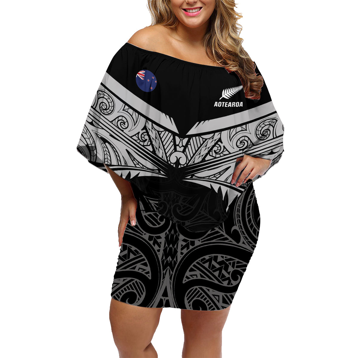 Custom New Zealand Cricket Family Matching Off Shoulder Short Dress and Hawaiian Shirt Go Champions World Cup 2024 With Maori Pattern LT05 Mom's Dress Black - Polynesian Pride