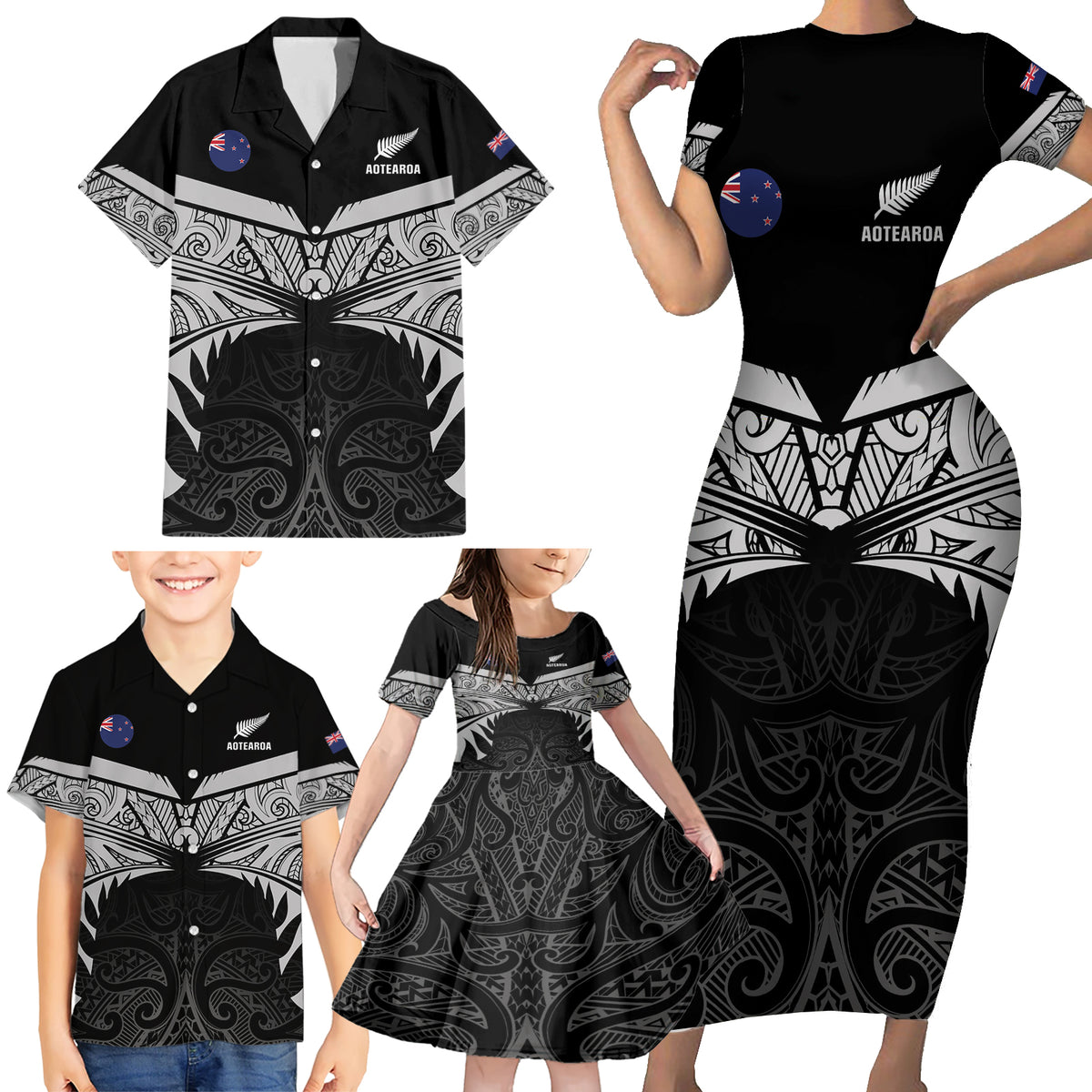 Custom New Zealand Cricket Family Matching Short Sleeve Bodycon Dress and Hawaiian Shirt Go Champions World Cup 2024 With Maori Pattern LT05 - Polynesian Pride