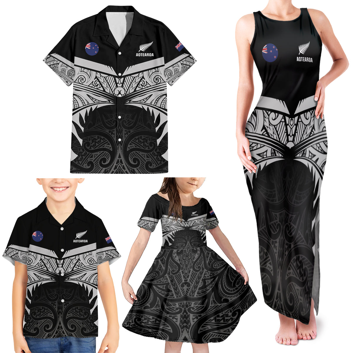Custom New Zealand Cricket Family Matching Tank Maxi Dress and Hawaiian Shirt Go Champions World Cup 2024 With Maori Pattern LT05 - Polynesian Pride