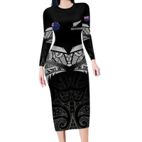 Custom New Zealand Cricket Long Sleeve Bodycon Dress Go Champions World Cup 2024 With Maori Pattern LT05 Long Dress Black - Polynesian Pride