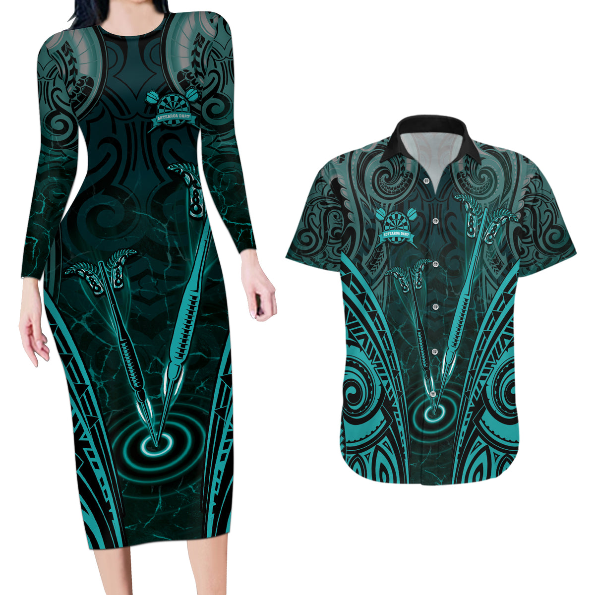 Personalised New Zealand Darts Couples Matching Long Sleeve Bodycon Dress and Hawaiian Shirt Turquoise Dart Board Maori Pattern LT05 Turquoise - Polynesian Pride