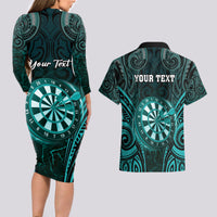 Personalised New Zealand Darts Couples Matching Long Sleeve Bodycon Dress and Hawaiian Shirt Turquoise Dart Board Maori Pattern LT05 - Polynesian Pride