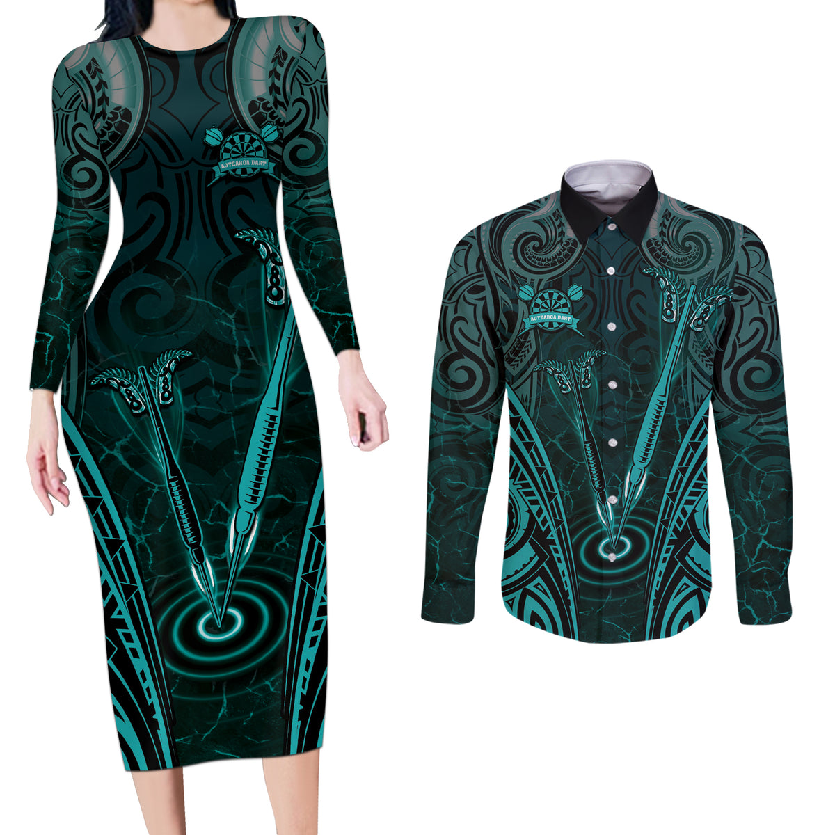 Personalised New Zealand Darts Couples Matching Long Sleeve Bodycon Dress and Long Sleeve Button Shirt Turquoise Dart Board Maori Pattern LT05 Turquoise - Polynesian Pride