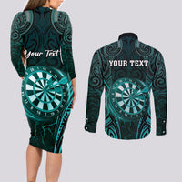 Personalised New Zealand Darts Couples Matching Long Sleeve Bodycon Dress and Long Sleeve Button Shirt Turquoise Dart Board Maori Pattern LT05 - Polynesian Pride