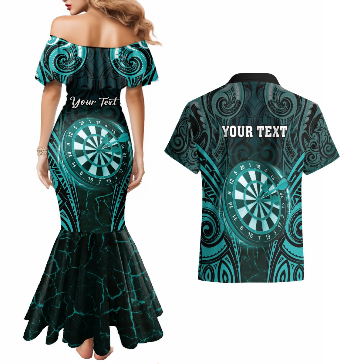 Personalised New Zealand Darts Couples Matching Mermaid Dress and Hawaiian Shirt Turquoise Dart Board Maori Pattern LT05 - Polynesian Pride