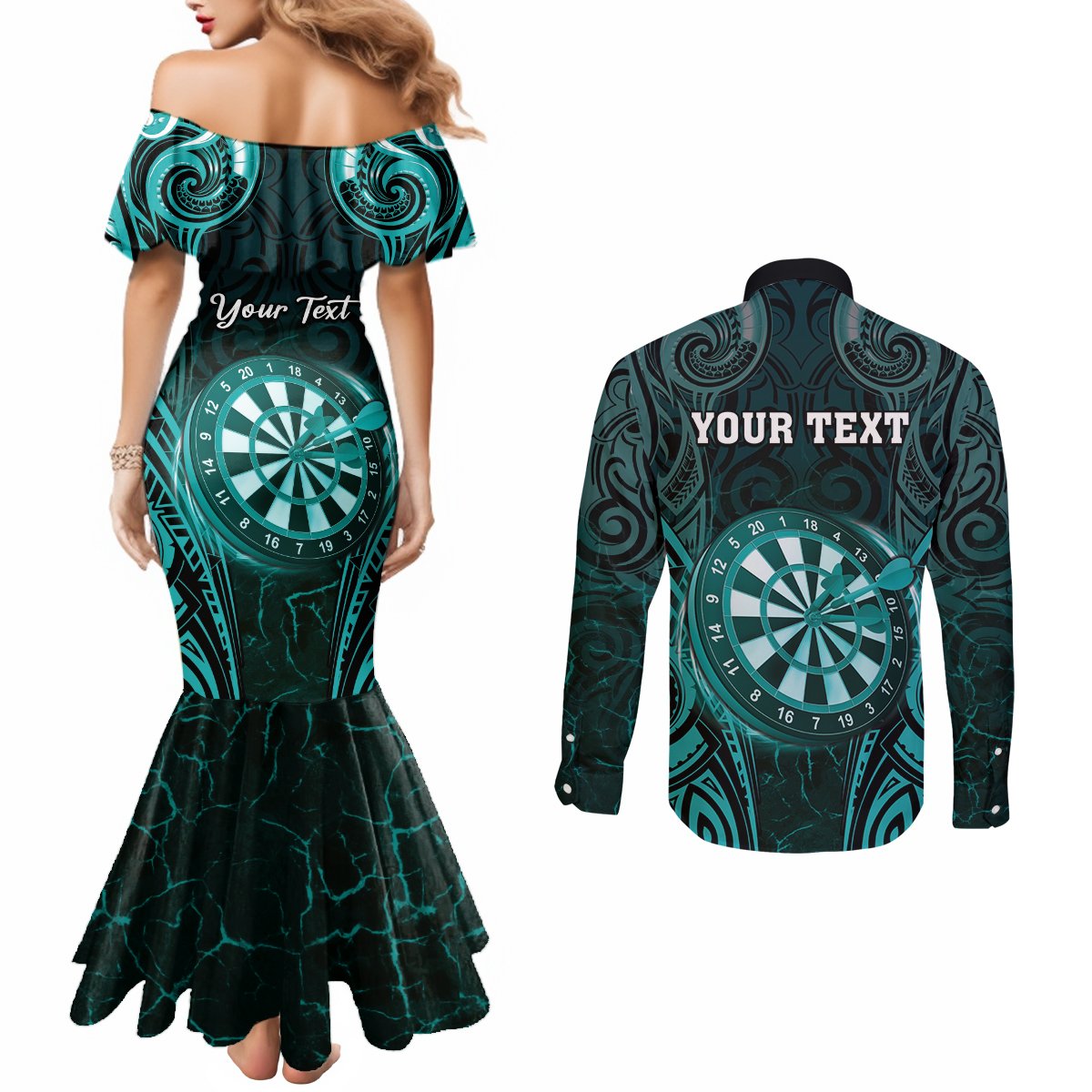 Personalised New Zealand Darts Couples Matching Mermaid Dress and Long Sleeve Button Shirt Turquoise Dart Board Maori Pattern LT05 - Polynesian Pride